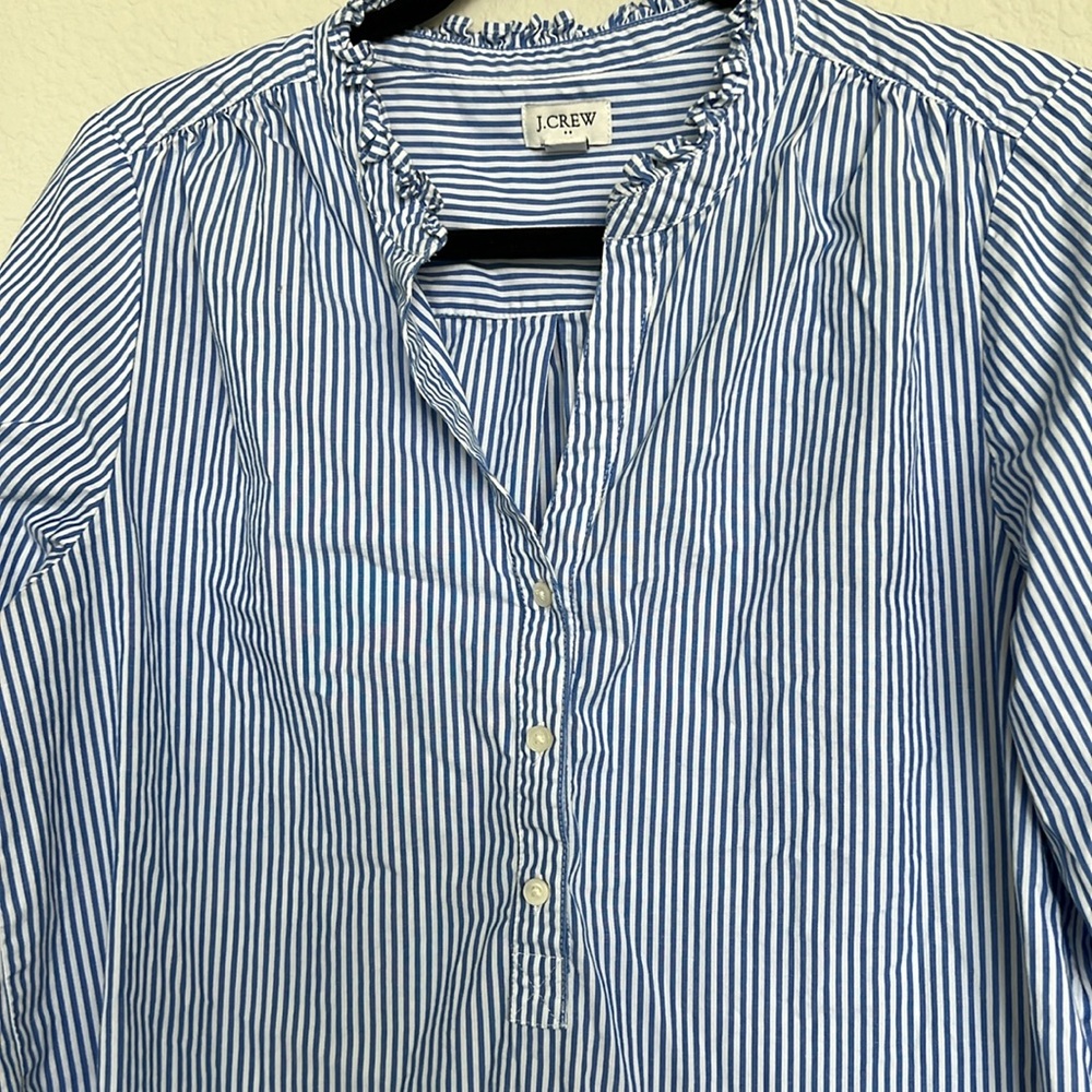J. Crew Blue Striped 3/4 Sleeve button front tunic top - Picture 4 of 6